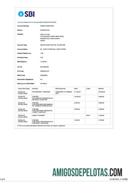Extrato de conta do Banco do Estado da Índia para impressão, modelo Word e PDF, versão 3